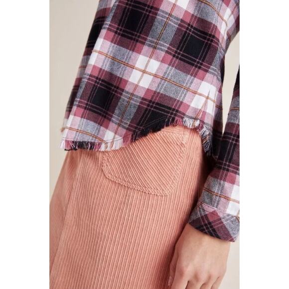 Anthropologie Cloth & Stone Plaid Button Down Flannel Shirt Raw Fringe Hem Small - Picture 3 of 9
